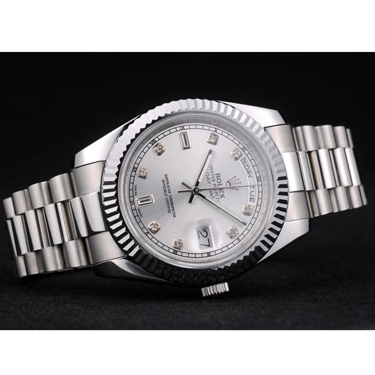 Rolex aaa copy Swiss Silver Ribbed Steel Rolex DayDate Stainless Bezel Dial 41995 0503